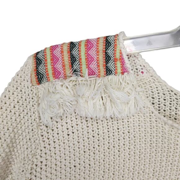 Billabong Sandy Kisses Women's M Boho Aztec Fringe Open Knit Crop Sweater, Beige - Picture 5 of 6